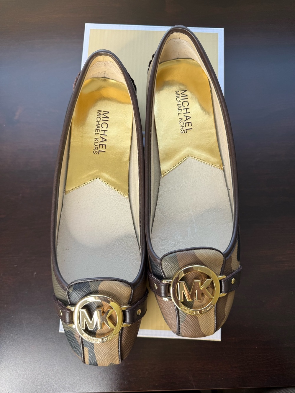 Michael Kors Brown & Tan Signature Logo Flats with Gold MK Medallion